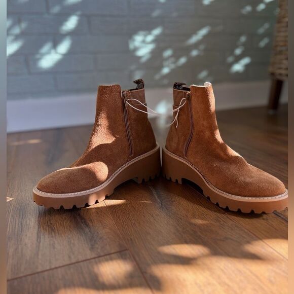 New Santorini Heeled Ankle Boot Brown Camel Suede - Picture 2 of 9